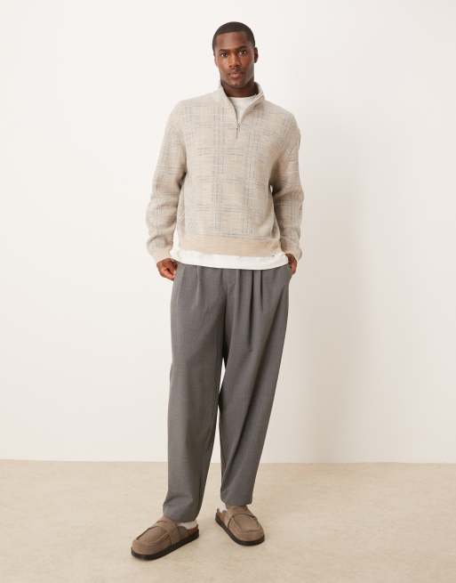 ASOS DESIGN oversized half zip check knitted jumper in stone, 2 of 4
