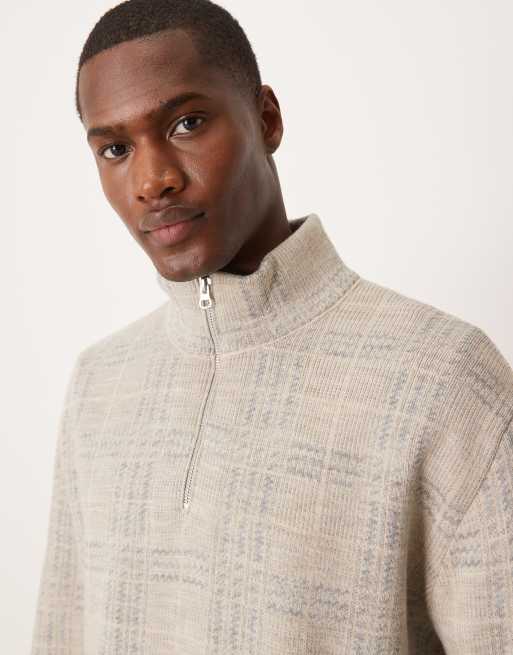 ASOS DESIGN oversized half zip check knitted jumper in stone, 3 of 4