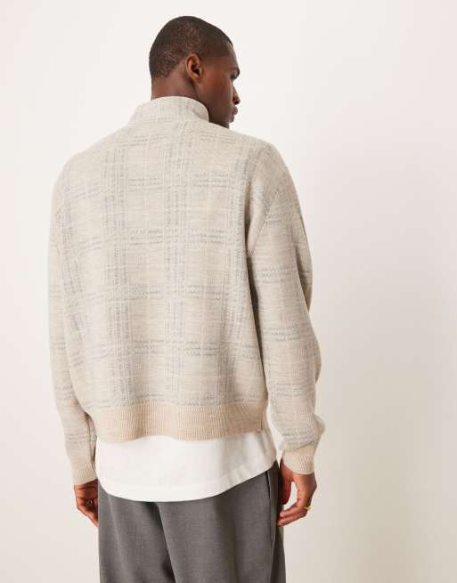 ASOS DESIGN oversized half zip check knitted jumper in stone, 4 of 4