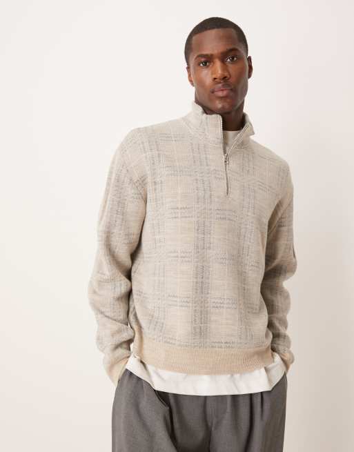 ASOS DESIGN oversized half zip check sweater in stone