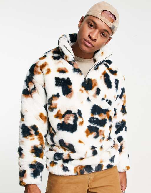 ASOS DESIGN oversized half zip faux fur sweatshirt in all over leopard print