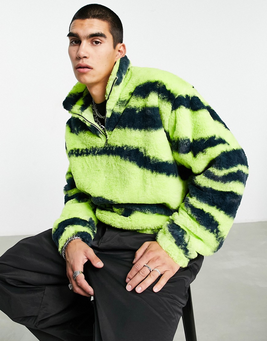 ASOS DESIGN oversized half zip faux fur sweatshirt with green zebra print-Multi