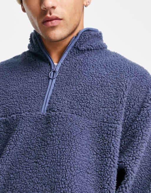 ASOS DESIGN oversized half zip fleece in navy borg