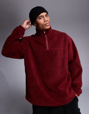 Asos Design Oversized Half Zip Fleece Sweatshirt In Dark Red