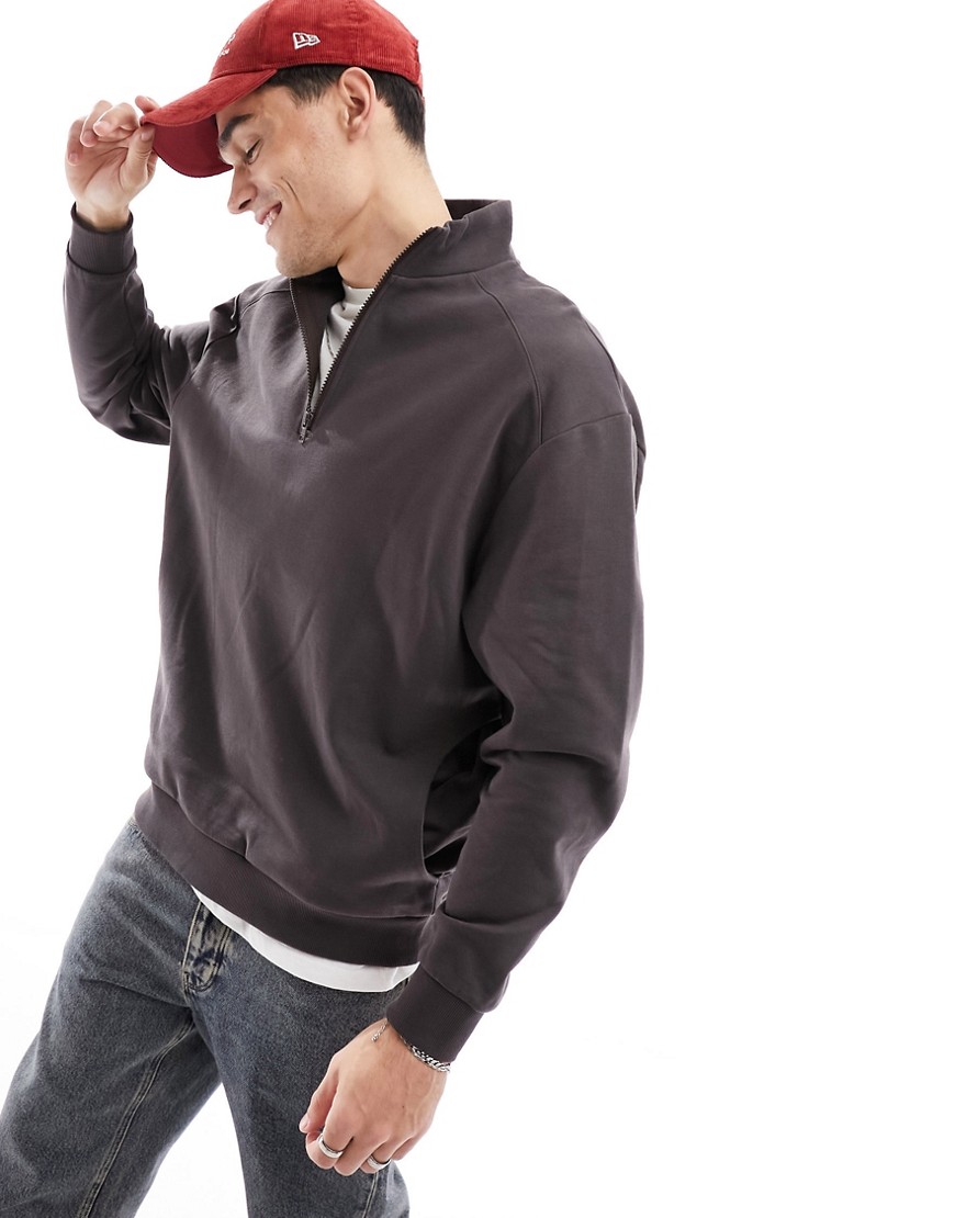 ASOS DESIGN oversized half zip funnel neck sweatshirt in brown