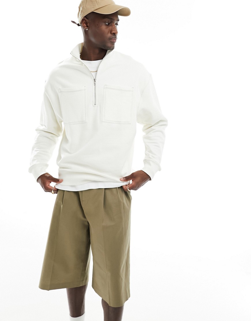 ASOS DESIGN oversized half zip funnel neck sweatshirt with contrast stitch in soft white