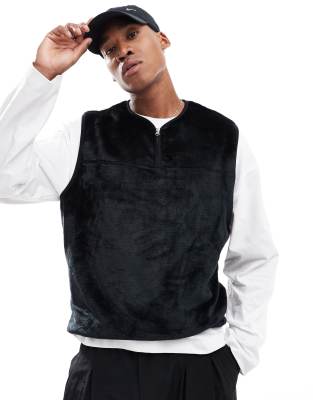 Asos Design Oversized Half Zip Fur Vest In Black