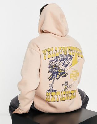 ASOS DESIGN oversized half zip hoodie in beige with yellowstone back print