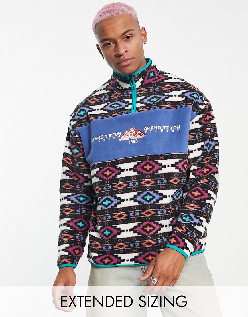 Asos Design Oversized Half Zip Polar Fleece Sweatshirt In All-over Abstract Print-multi