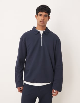 Asos Design Oversized Half Zip Polo Shirt In Blue
