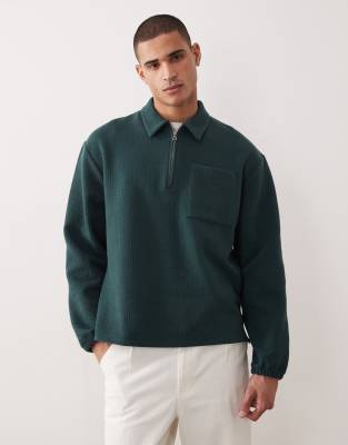 Asos Design Oversized Half Zip Polo Sweatshirt In Green