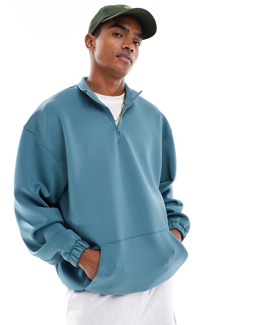 Asos Design Oversized Half Zip Scuba Sweatshirt In Teal-green