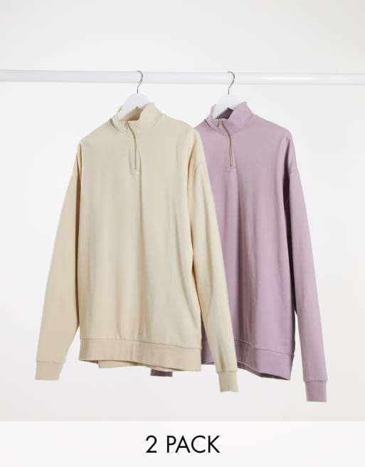 ASOS DESIGN oversized half zip sweatshirt 2 pack in beige/dusty purple