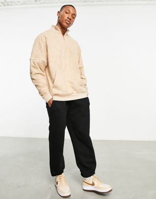 ASOS DESIGN oversized half zip sweatshirt in beige floral geo fabric with piping - ASOS Price Checker