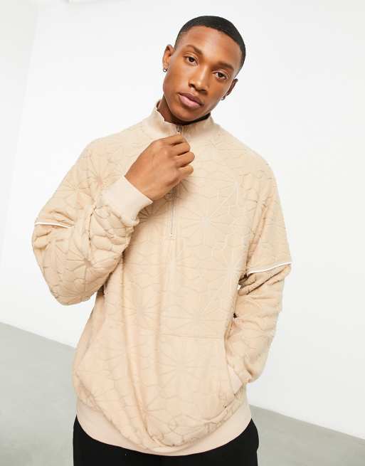 ASOS DESIGN oversized half zip track neck sweatshirt in beige