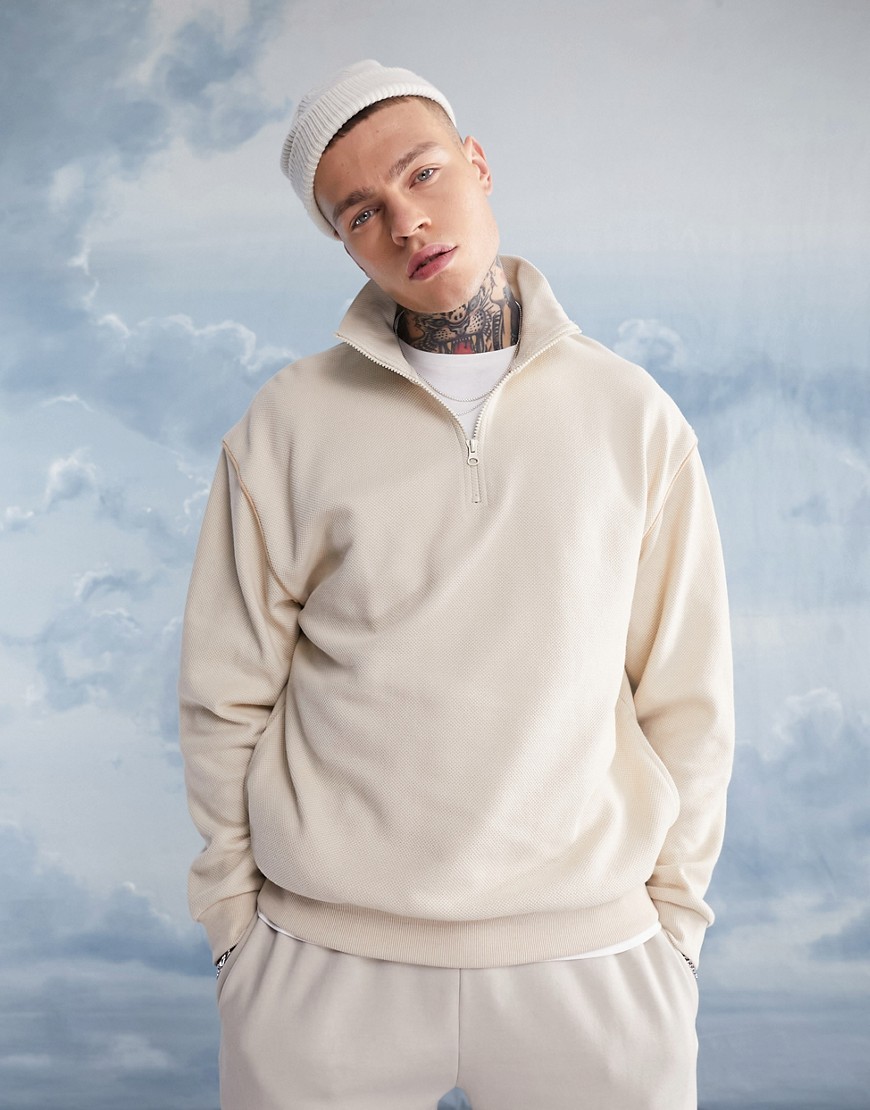 ASOS DESIGN oversized half zip sweatshirt in beige texture-Navy