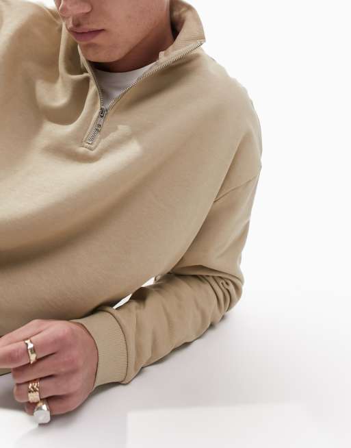 ASOS DESIGN oversized half zip sweatshirt in beige