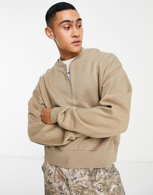 ASOS DESIGN oversized half zip track neck sweatshirt in beige