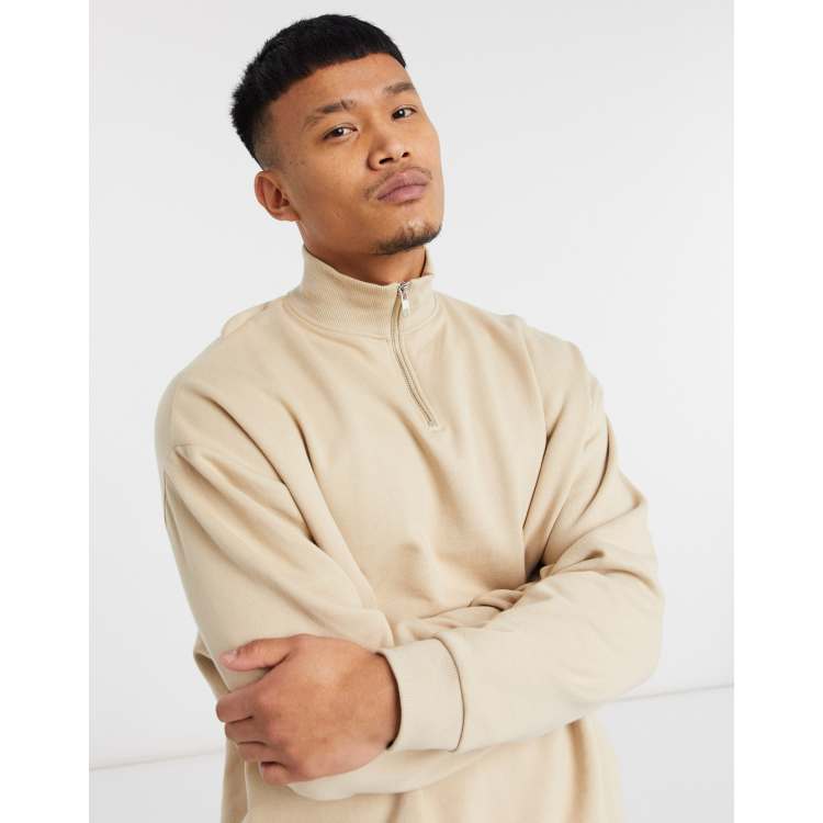 ASOS DESIGN oversized half zip sweatshirt in beige