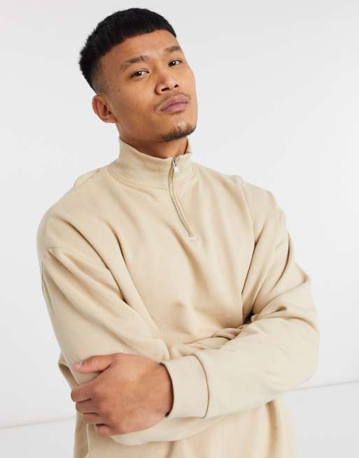 ASOS DESIGN oversized half zip sweatshirt in beige