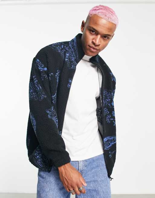 ASOS DESIGN oversized half zip sweatshirt in blue and black borg with  paisley print