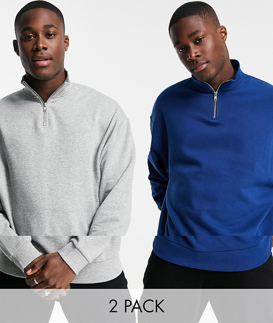 ASOS DESIGN oversized half zip sweatshirt in blue/gray heather 2 pack-Multi