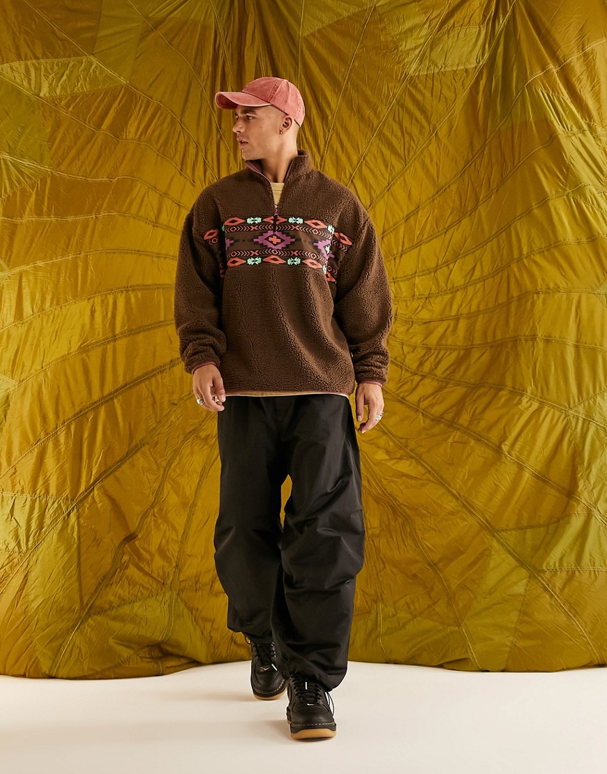 ASOS DESIGN oversized half zip sweatshirt in brown borg with aztec details