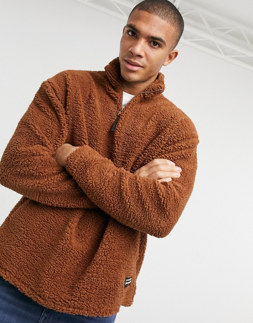 ASOS DESIGN oversized half-zip sweatshirt in brown teddy borg