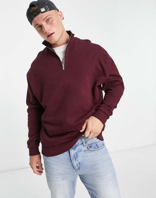 ASOS DESIGN oversized half zip sweatshirt in burgundy