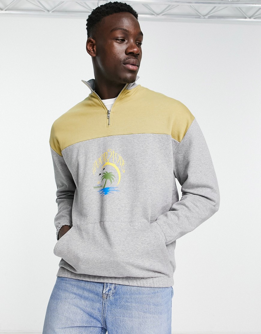 ASOS DESIGN oversized half zip sweatshirt in gray heather & green color block with print-Multi