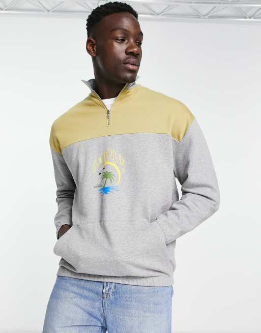 ASOS DESIGN oversized half zip sweatshirt in gray heather & green color  block with print