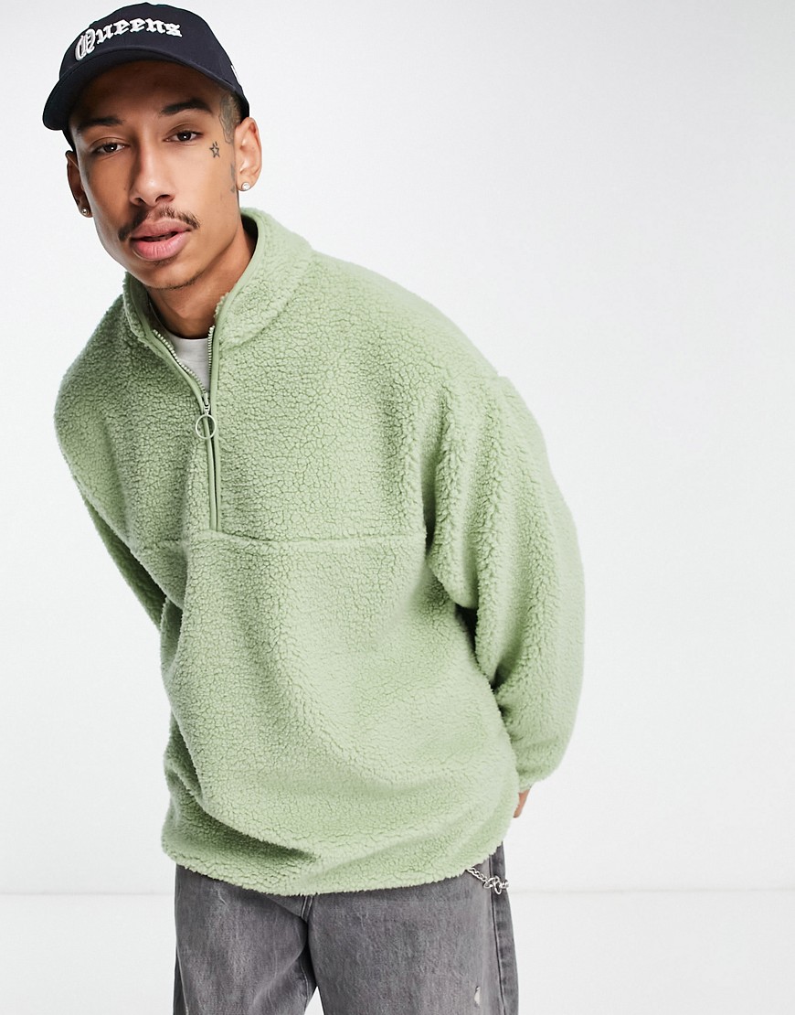 ASOS DESIGN oversized half zip sweatshirt in green borg