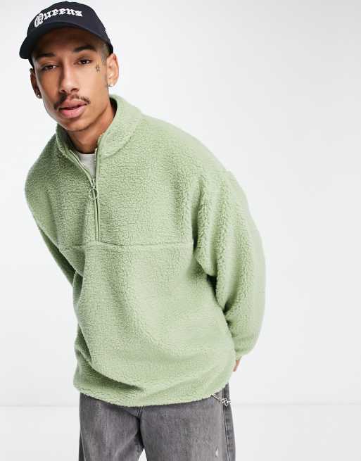 ASOS DESIGN oversized half zip sweatshirt in green borg | ASOS