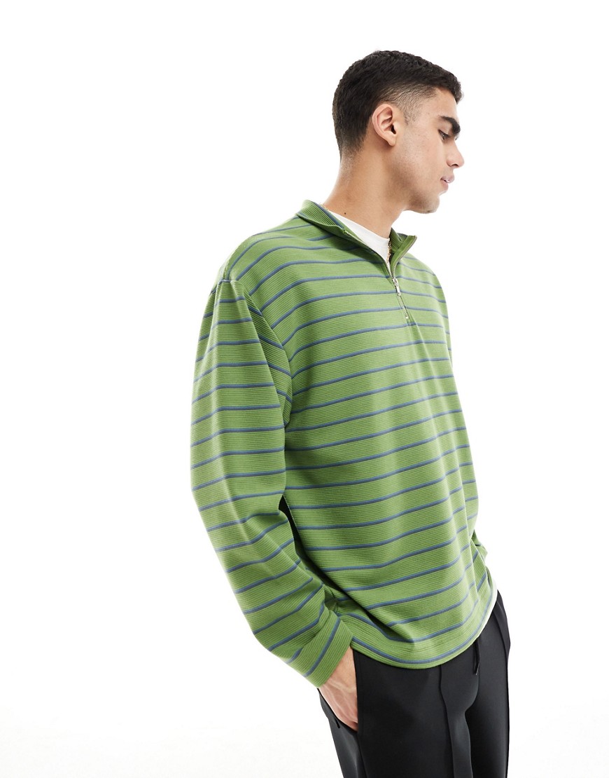 Asos Design Oversized Half Zip Sweatshirt In Green With Multicolor Stripe