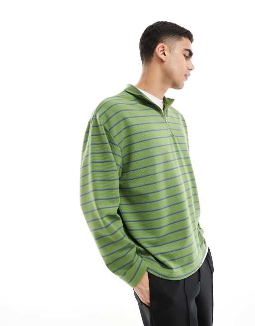 ASOS DESIGN oversized half zip sweatshirt in green with multicolor stripe 