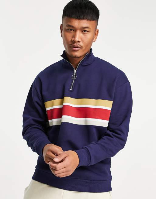 ASOS DESIGN oversized half zip sweatshirt in navy with stripe print | ASOS