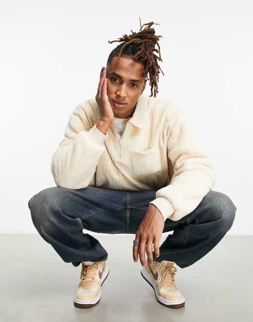ASOS DESIGN oversized half zip sweatshirt in off white jacquard and fleece blocking