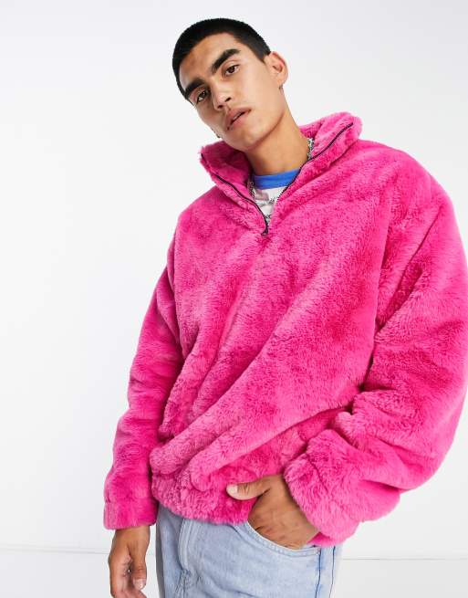 ASOS DESIGN oversized half zip sweatshirt in pink faux fur