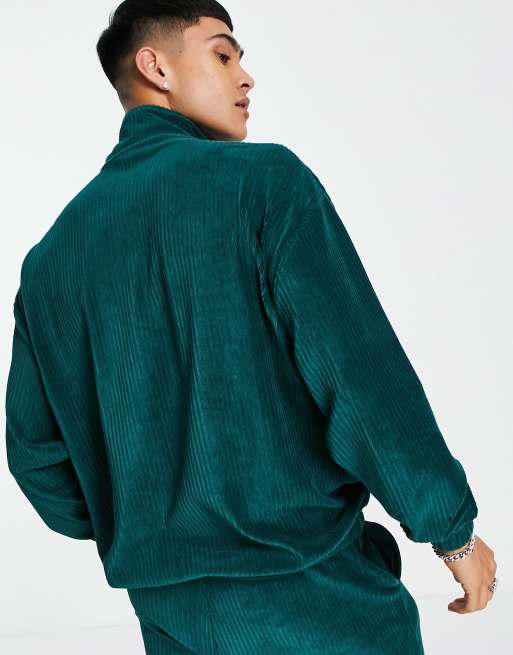 ASOS DESIGN oversized half zip sweatshirt in ribbed velour deep green part of a set