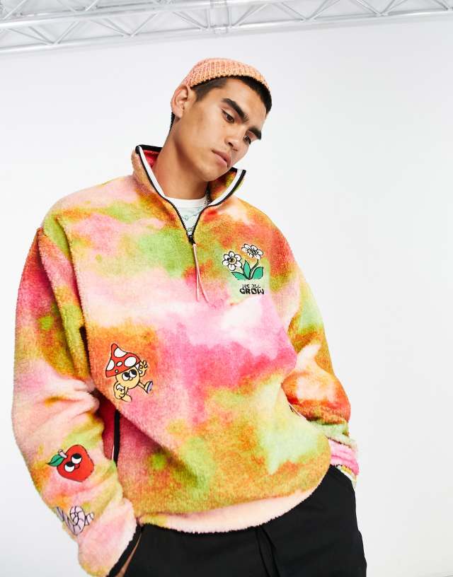 ASOS DESIGN oversized half zip sweatshirt in teddy tie dye with embroidery