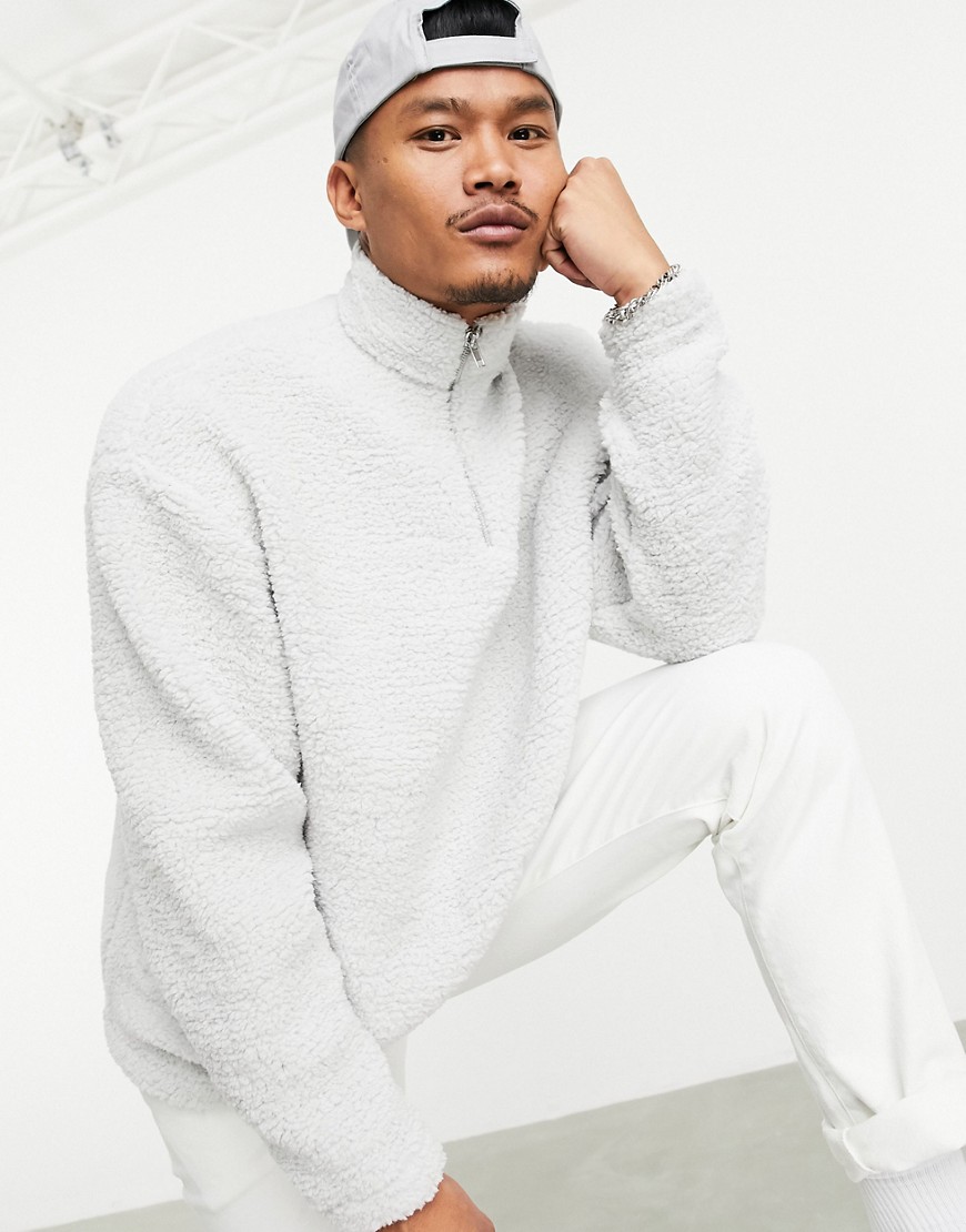 ASOS DESIGN oversized half zip sweatshirt in teddy-Grey