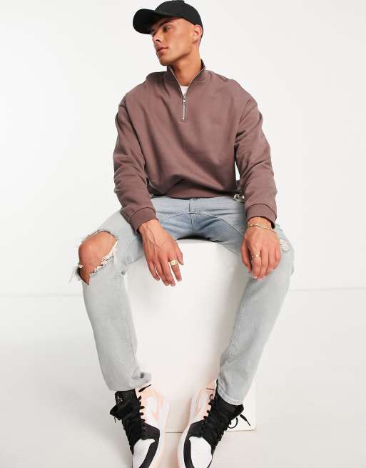 ASOS DESIGN oversized half zip sweatshirt in washed brown, 3 of 4