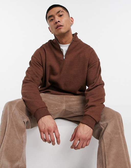 ASOS DESIGN oversized half zip sweatshirt in washed brown