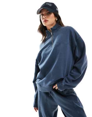 Asos Design Oversized Half-zip Sweatshirt In Washed Navy