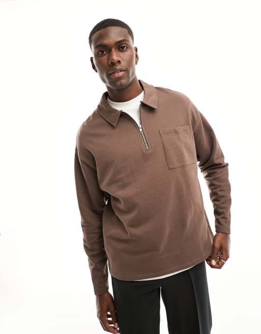 ASOS DESIGN oversized half zip sweatshirt with collar neck in brown