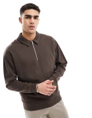 Asos Design Oversized Half Zip Sweatshirt With Collar Neck In Brown