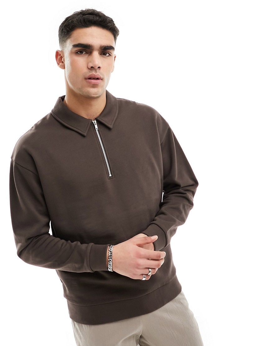 ASOS DESIGN oversized half zip sweatshirt with collar neck in brown