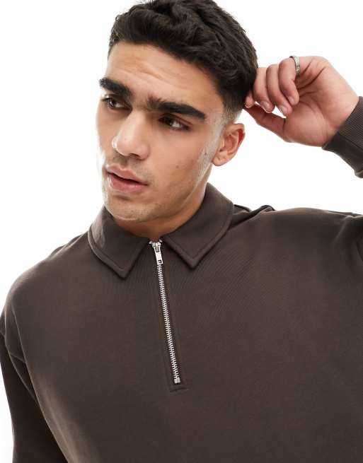 ASOS DESIGN oversized half zip sweatshirt with collar neck in brown