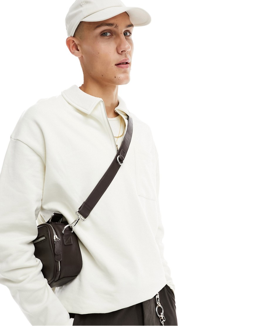 ASOS DESIGN oversized half zip sweatshirt with collar neck in stone-Neutral