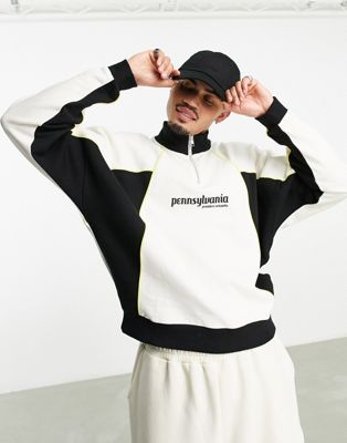 ASOS DESIGN oversized half zip sweatshirt with colour block in beige & black